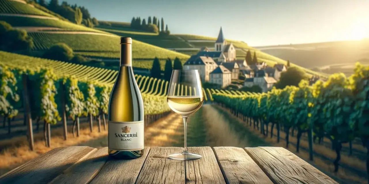Bouteille et verre de Sancerre blanc sur une table en bois, avec des vignobles verdoyants et un village en arrière-plan. Le cepage Sancerre blanc est à l'honneur.