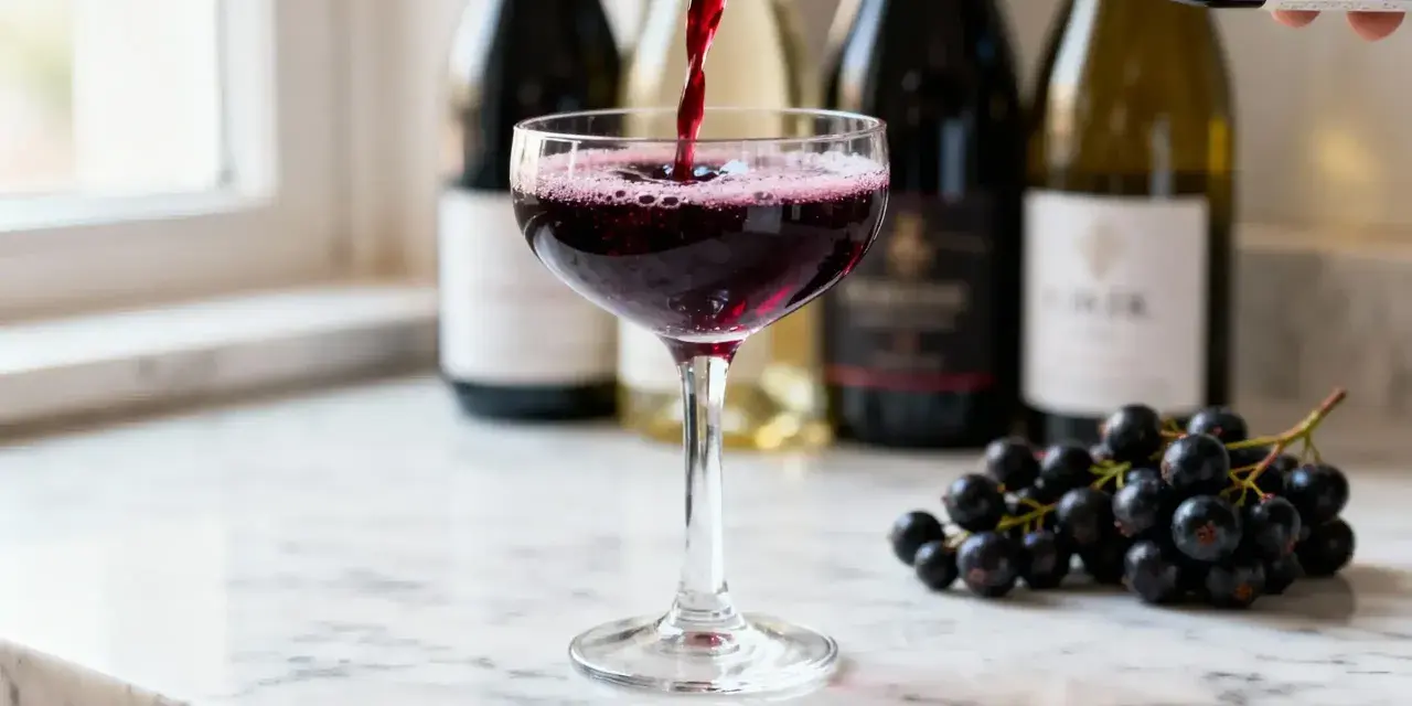 Un verre de vin rouge est servi, avec des grappes de raisin noir à côté. Le vin aligoté, souvent blanc, ici rouge, évoque la fraîcheur et la vivacité.