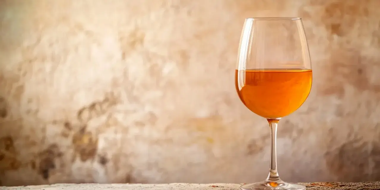 Verre de vin de macération à la couleur ambrée, sur un fond texturé et une table en bois.