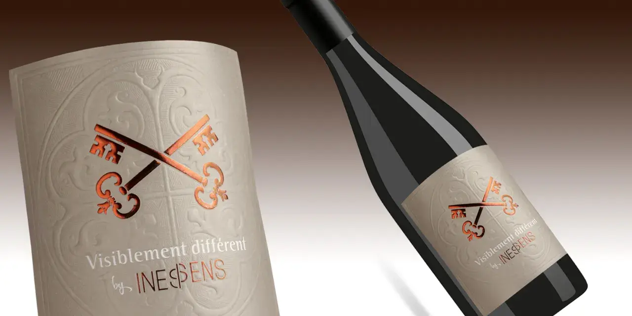Bouteille de vin avec étiquette ornée de clés croisées, évoquant le vin et ses composants.