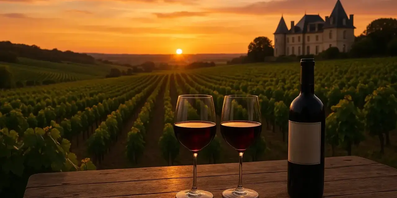 Deux verres de vin rouge bordeaux connu et une bouteille sur une table en bois, avec un vignoble et un château au coucher du soleil.
