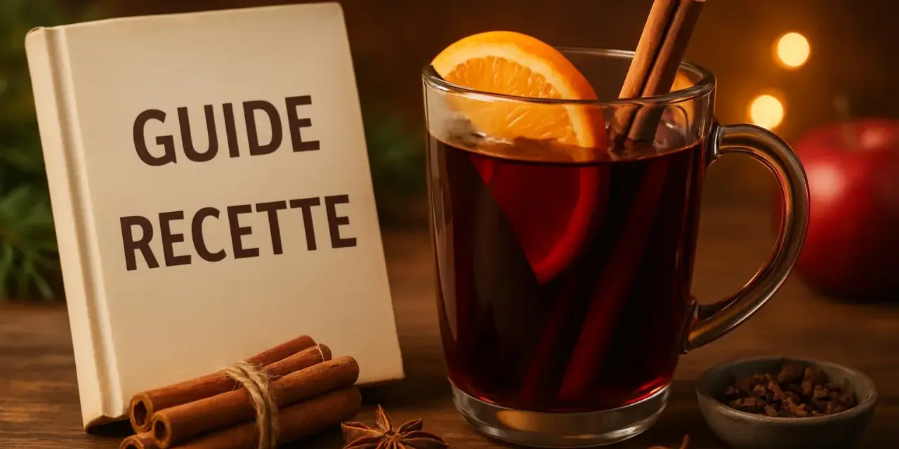 Un verre de vin chaud aux épices, prêt à réchauffer 50 personnes. Un livre "Guide Recette" à côté.