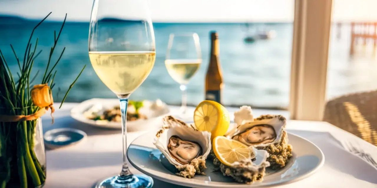 Un verre de vin blanc frais, prêt à accompagner un plateau de fruits de mer face à la mer. Le choix parfait pour savourer la fraîcheur de l'océan.