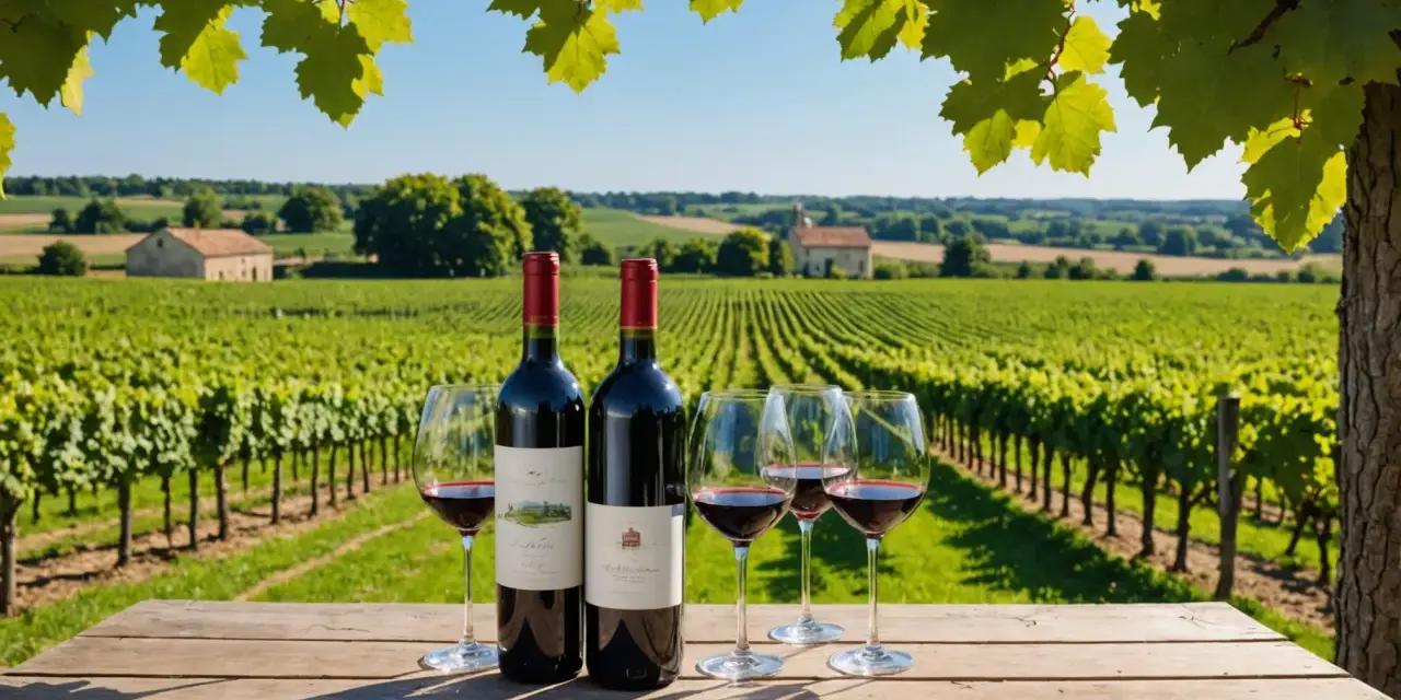 Dégustation de vin rouge sur une table en bois, avec des vignes à perte de vue. Un paysage typique de la côte de blaye sous un ciel bleu.