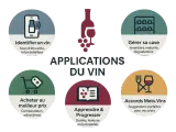 Cinq icônes illustrent les applications du vin : identifier, gérer sa cave, acheter, apprendre et trouver des accords mets-vins.