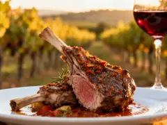 Un plat d'agneau rôti avec une sauce savoureuse, accompagné d'un verre de vin rouge, dans un décor de vignoble. Idéal pour savoir quel vin avec agneau.