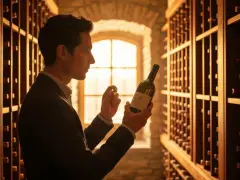 Un homme examine une bouteille de cava alcool dans une cave à vin éclairée par la lumière du jour filtrant par une fenêtre.