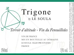 Étiquette de vin "Trigone" par Le Soula, avec un cercle astrologique et le texte "Terroir d'altitude".