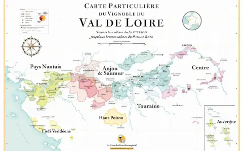 Carte des vins du Val de Loire : découvrez les régions viticoles, des Pays Nantais à l'Auvergne, et trouvez le meilleur vin de Loire rouge.