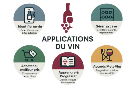 Cinq icônes illustrent les applications du vin : identifier, gérer sa cave, acheter, apprendre et trouver des accords mets-vins.