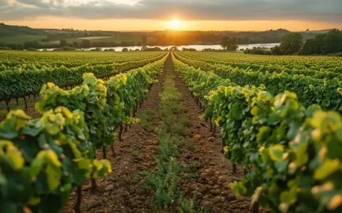 Un vignoble s'étend à perte de vue sous un soleil couchant. Les rangées de vignes, vertes et luxuriantes, semblent murmurer des secrets anciens, comme une invitation à la taille aux loups.