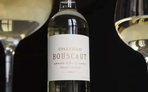 Bouteille de vin blanc Château Bouscaut Pessac-Léognan entre deux verres de vin.