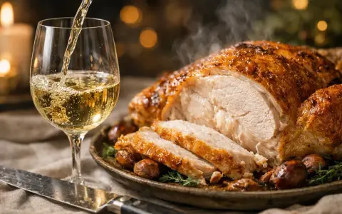 Un verre de vin blanc est versé près d'un chapon farci rôti, fumant et garni de marrons. Un repas festif.