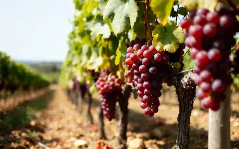 Grappes de raisin rouge mûrissant sous le soleil, prêtes à être récoltées pour le vin du **Château Montus**.