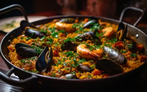Paella au poulet et fruits de mer, garnie de persil frais. Quel vin rouge avec paella poulet fruits mer ? Un plat savoureux.