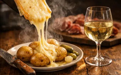 Raclette fondant sur des pommes de terre, avec cornichons et un verre de vin blanc pétillant. Parfait pour savoir quel est le meilleur crémant.