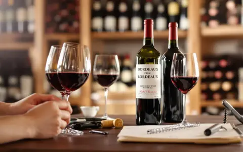 Dégustation de ce meilleur vin rouge bordeaux, avec des verres remplis et des bouteilles sur une table en bois, dans une cave à vin.