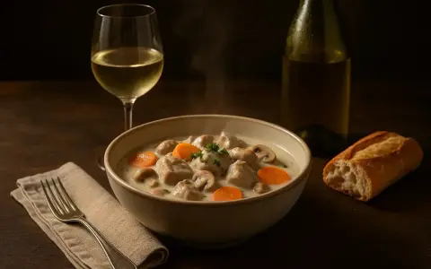 Un plat fumant de blanquette de veau, garni de carottes et champignons, accompagné d'un verre de vin blanc et d'une baguette.