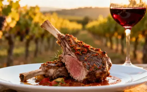 Un plat d'agneau rôti avec une sauce savoureuse, accompagné d'un verre de vin rouge, dans un décor de vignoble. Idéal pour savoir quel vin avec agneau.