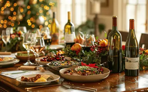 Un menu accord mets et vins festif avec des plats, des bouteilles de vin et des décorations de Noël.