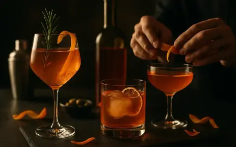 Trois cocktails ambrés, dont un avec une écorce d'orange et du romarin. Un barman prépare un autre verre avec du vin d'orange avec peau.