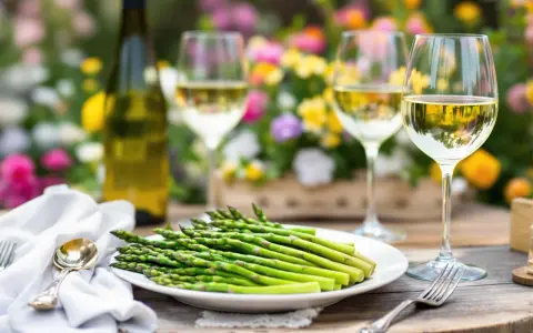Un plateau d'asperges vertes fraîches, une bouteille de vin blanc et deux verres remplis de vin, parfaits pour savoir quel vin avec asperges.