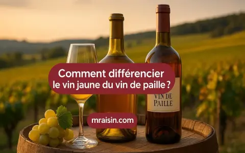 Bouteilles de vin, verre et grappe de raisin sur un tonneau, avec un vignoble en arrière-plan. Le texte demande "Comment différencier le vin jaune du vin de paille ?".