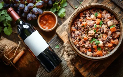 Un plat de céréales et légumes, accompagné d'une sauce, de raisins et d'une bouteille de vin rouge.