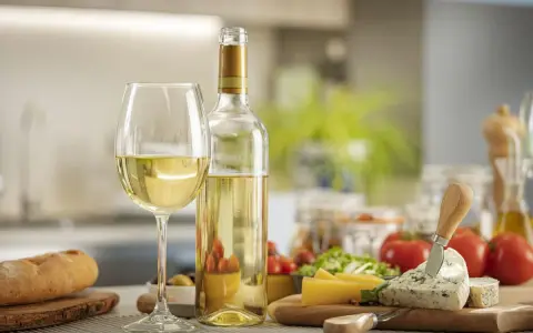 Un verre et une bouteille de quel vin blanc, accompagnés de pain, de fromage et de tomates, prêts pour un apéritif.