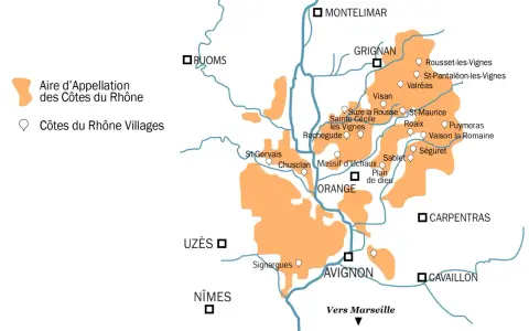 Carte des Côtes du Rhône avec les zones d'appellation et villages.