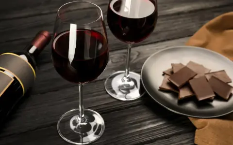Deux verres de vin rouge, une bouteille et une assiette de chocolat, prêts pour un accord vin chocolat parfait.