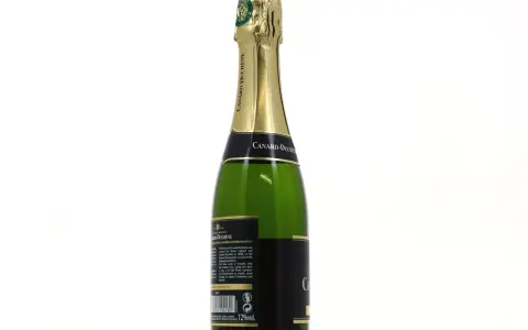 Bouteille de champagne vert Canard-Duchêne avec étiquette noire et dorée, sur fond blanc.