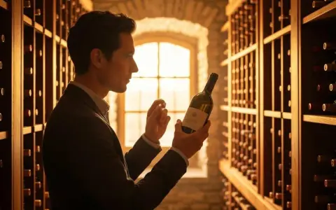 Un homme examine une bouteille de cava alcool dans une cave à vin éclairée par la lumière du jour filtrant par une fenêtre.