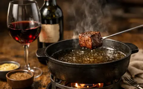 Un morceau de bœuf est plongé dans une fondue fumante, accompagné d'un verre de vin rouge.