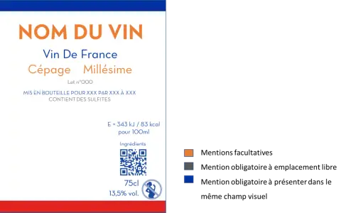 Étiquette de vin "Nom du Vin", Vin de France, Cépage Millésime. Une promesse de bon vin à déguster. Contient des sulfites.