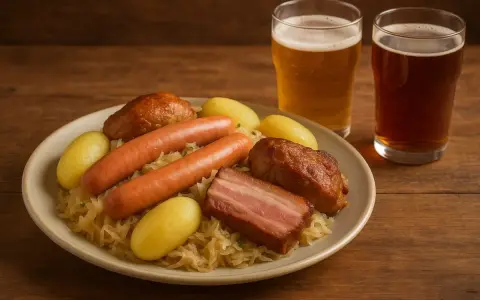 Assiette de choucroute garnie avec saucisses, lard, pommes de terre et deux verres de bière. Un repas copieux, parfait avec une bière ou un vin blanc.