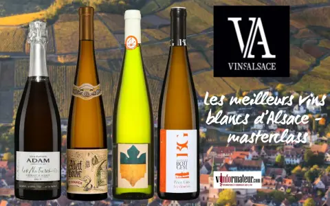 Quatre bouteilles de vin d'Alsace, dont un meilleur pinot gris, sur fond de vignobles.