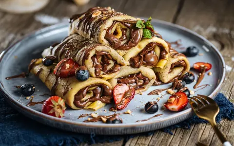 Crêpes roulées au chocolat, garnies de fraises et myrtilles. Parfaites pour savoir que boire avec des crêpes sucrées.