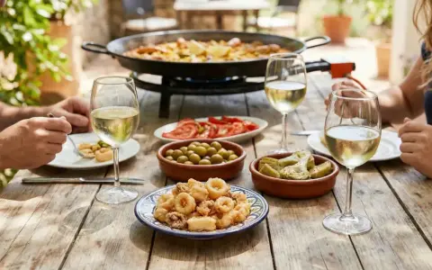 Un repas ensoleillé avec une paella fumante, des calamars frits, des olives, des cœurs d'artichauts, des tomates et un verre de vin blanc.