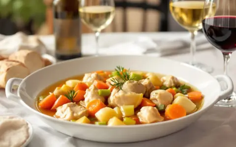 Un plat de poule au pot réconfortant, servi avec du pain et un verre de vin.