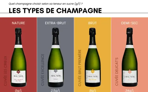 Quatre bouteilles de champagne Bausser, de gauche à droite : Nature (0g/L), Extra-Brut (2.5g/L), Brut (8g/L) et Demi-Sec (34g/L). Le champagne zero dosage est le Nature.