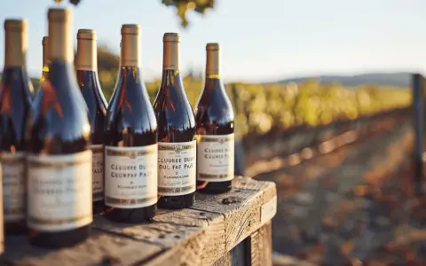 Bouteilles de Châteauneuf-du-Pape sur une table en bois, avec un vignoble en arrière-plan.