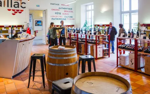 Dans une cave à vin, des clients dégustent du vin du Tarn. Des étagères chargées de bouteilles et des tonneaux en bois complètent le décor.