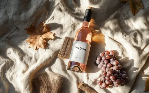Bouteille de vin vegan rosé, posée sur un tissu beige, avec des grappes de raisin et des feuilles d'automne.