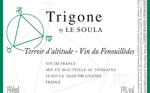 Étiquette de vin "Trigone" par Le Soula, avec un cercle astrologique et le texte "Terroir d'altitude".