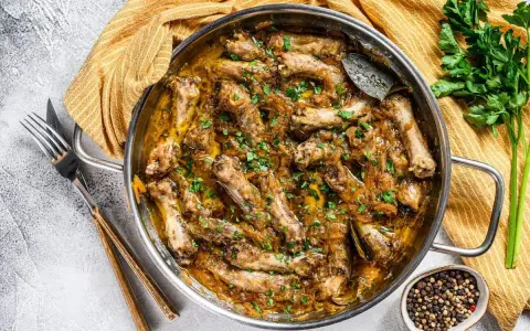 Un plat de poularde mijotée, garnie d'herbes fraîches. Quel vin avec une poularde ? Un blanc sec ou un rouge léger serait parfait.