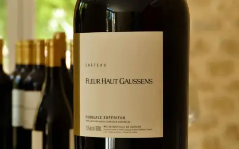 Bouteille de vin rouge Château Fleur Haut Gaussens, Bordeaux Supérieur, avec d'autres bouteilles en arrière-plan.
