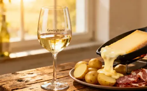 Un verre de Gewurztraminer accompagne une raclette fondante, des pommes de terre et de la charcuterie sur une table en bois.