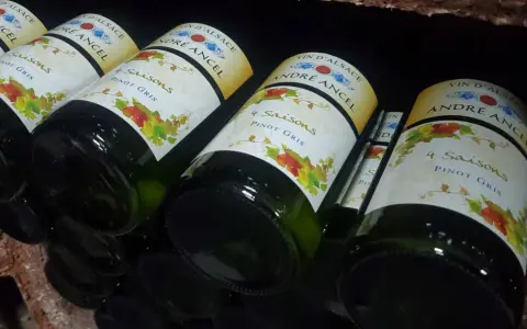 Bouteilles de vin d'Alsace "4 Saisons Pinot Gris" d'André Ancel, prêtes à être dégustées. Un quart de vin pour chaque saison.
