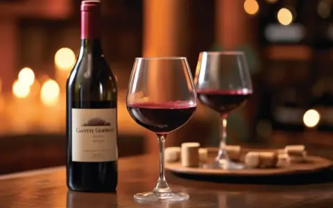 Une bouteille et deux verres de vin rouge, un gamay vin, sur un bar. Des bouchons de liège sont disposés sur un plateau.
